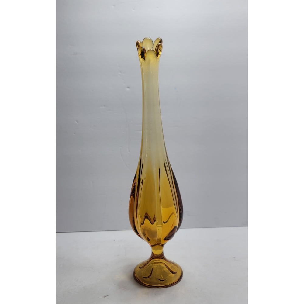 VTG Viking Glass Amber Swung Vase 6 Petal Footed Mid Century Mod Art Glass 14.5"